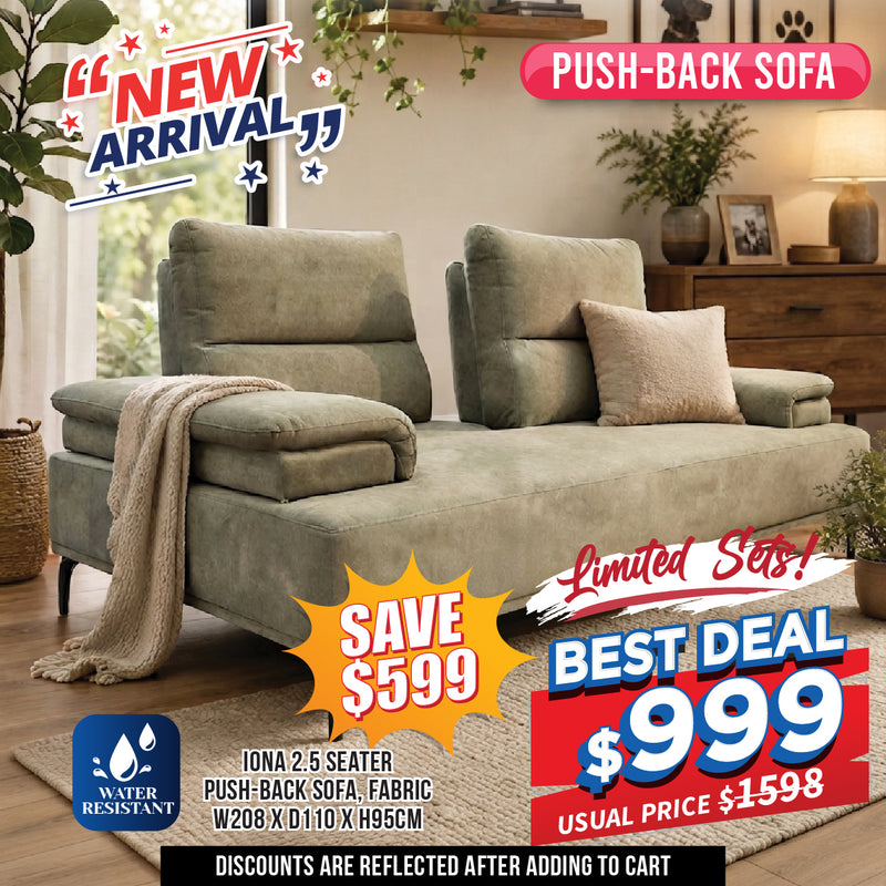 Iona 2.5 Seater Push-Back Sofa, Water Resistant Fabric