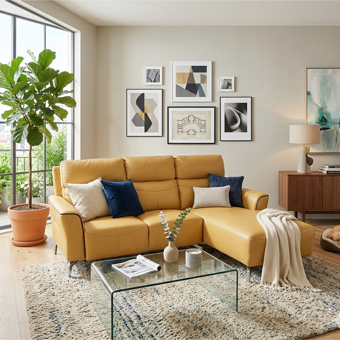 Muzia L-Shaped Sofa, Half Leather