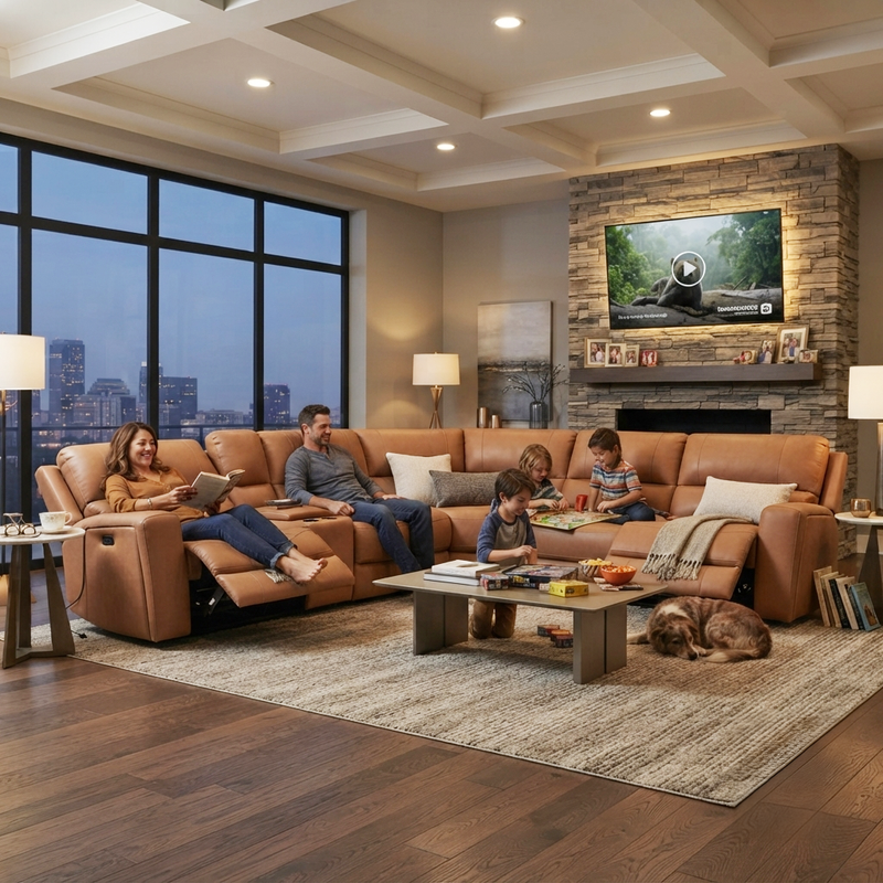 Rayson Electric Recliner Corner Sofa with Console Box, Half Leather