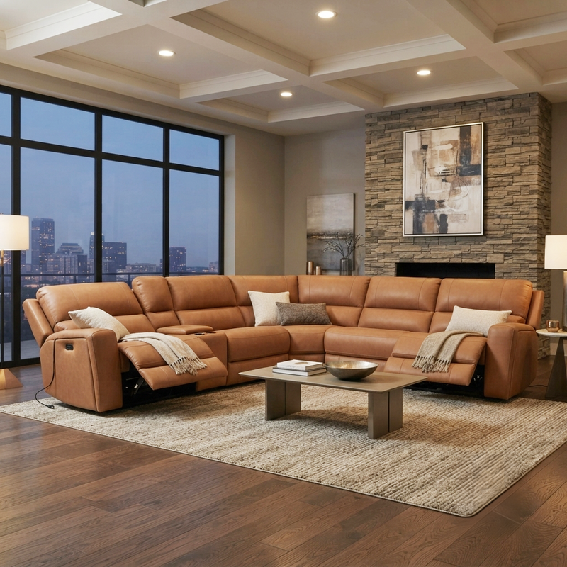 Rayson Electric Recliner Corner Sofa with Console Box, Half Leather