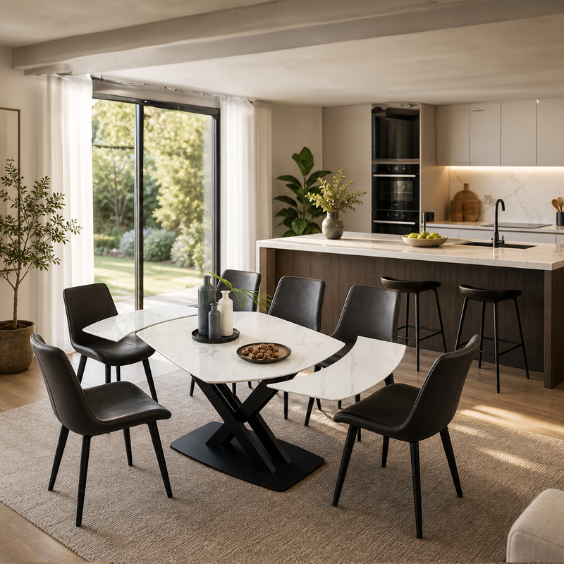 Timber Sintered Stone Functional Dining Table (Black Sand Carbon Steel Leg)