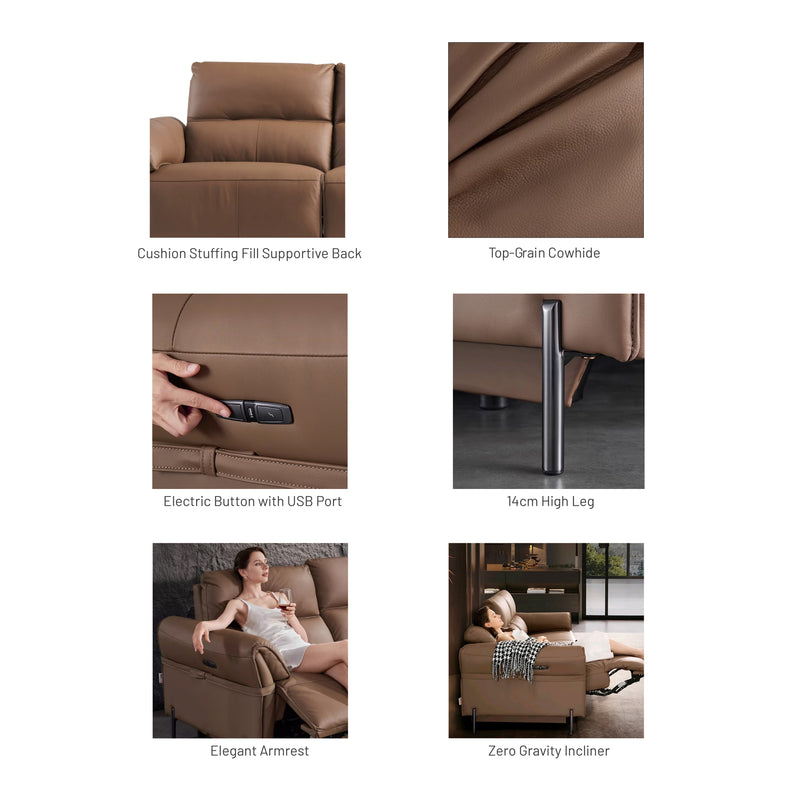 Rachelle 3 Seater Electric Incliner Sofa, Genuine Cowhide Leather - Novena Furniture Singapore