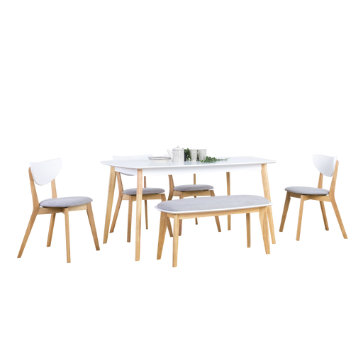 Aimon 1.5m Dining Set with Naida Chairs and Bench, Solid Wood with MDF Top - Novena Furniture Singapore